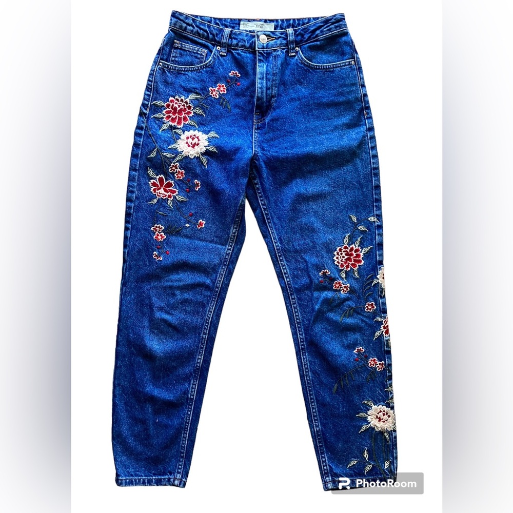 Top Shop Women’s Moto “Mom” Jeans in Dark Wash with Floral Embroidery Sz 28/30